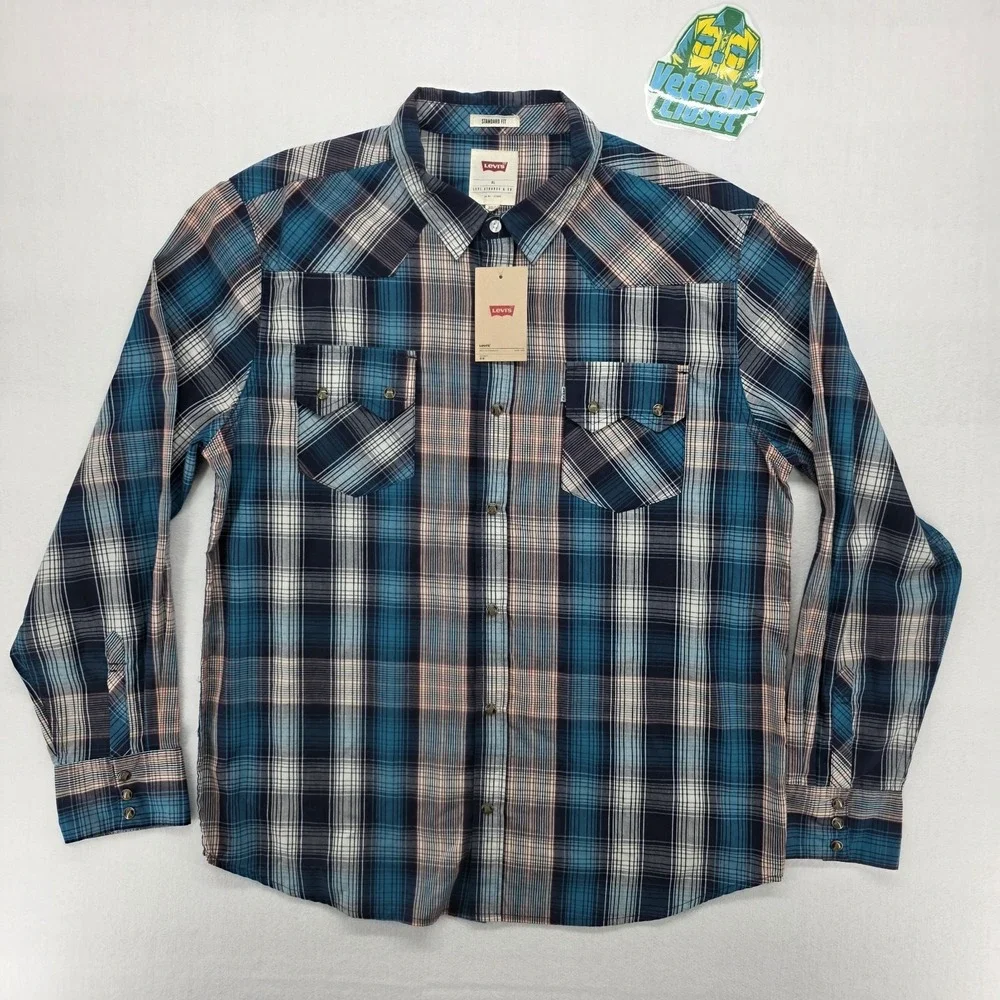 Levis The Western Pearl Snap Shirt Mens XL Blue Plaid Button Up 3LYLW0172 NEW